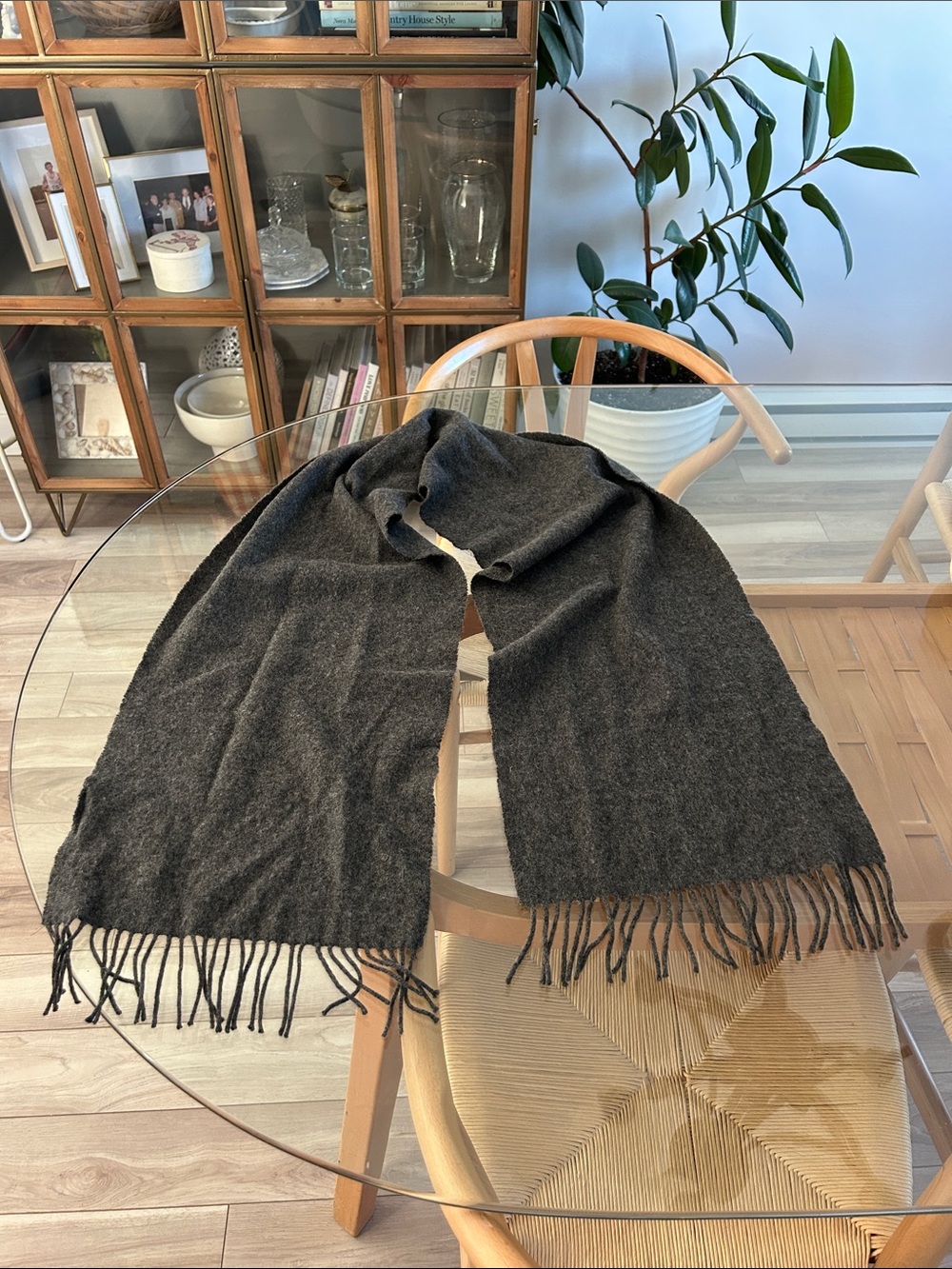 100% Cashmere Dark Gray Fringe Scarf